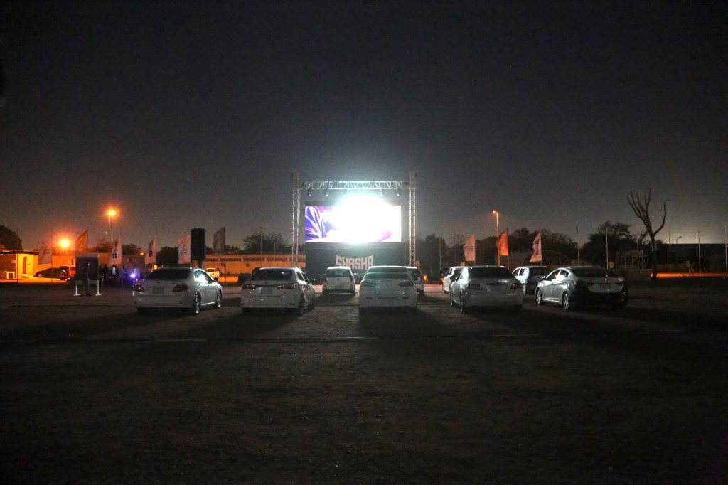 Cars at a drive-in movie theater during the COVID-19 pandemic