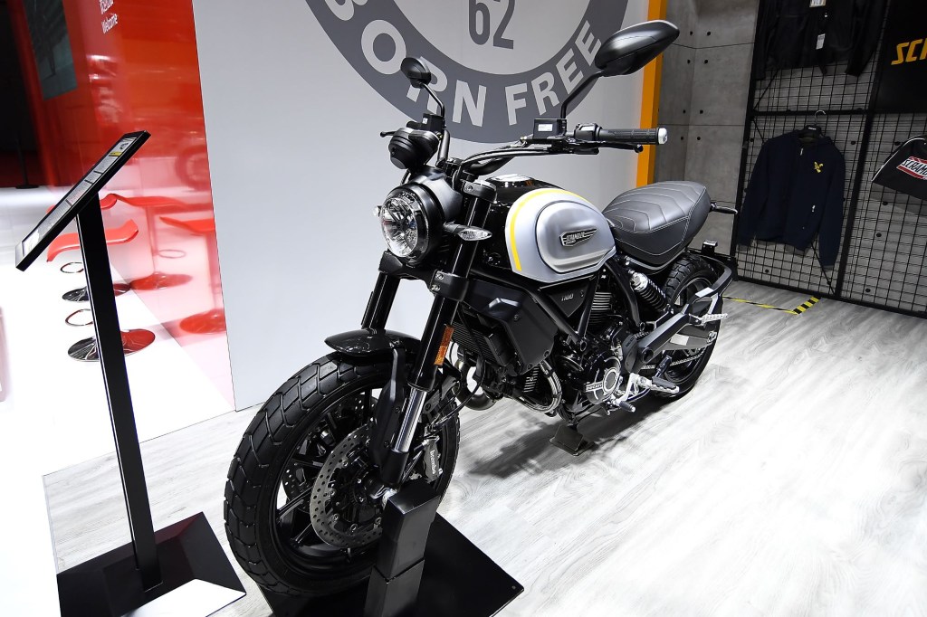 A Ducati Scrambler 1100 Pro in black and white. A variation of this bike was used in the Matrix.