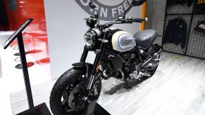 A Ducati Scrambler 1100 Pro in black and white. A variation of this bike was used in the Matrix.