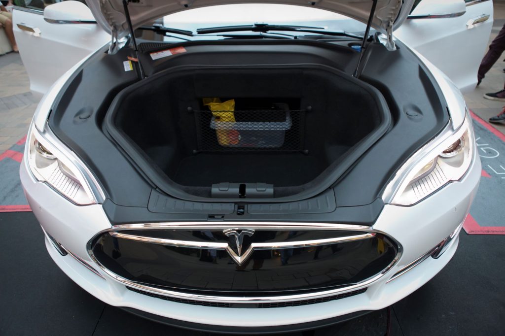 The cargo space of an Tesla EV.