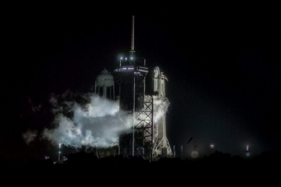 SpaceX Falcon 9 Rocket stands on the launch pad at Launch Complex 39A at the Kennedy Space Center