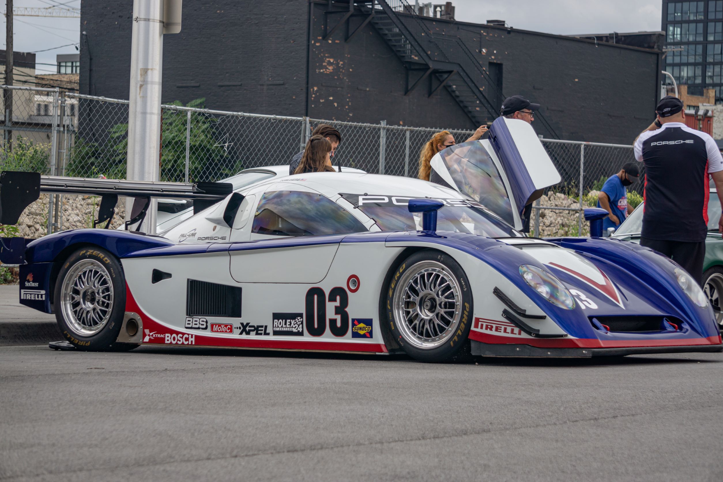 Fall-Line Motorsports' white-blue-and-red Porsche Crawford Daytona Prototype at Checkeditout