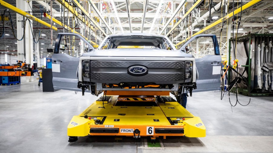 Ford F-150 Lightning chassis in a factory