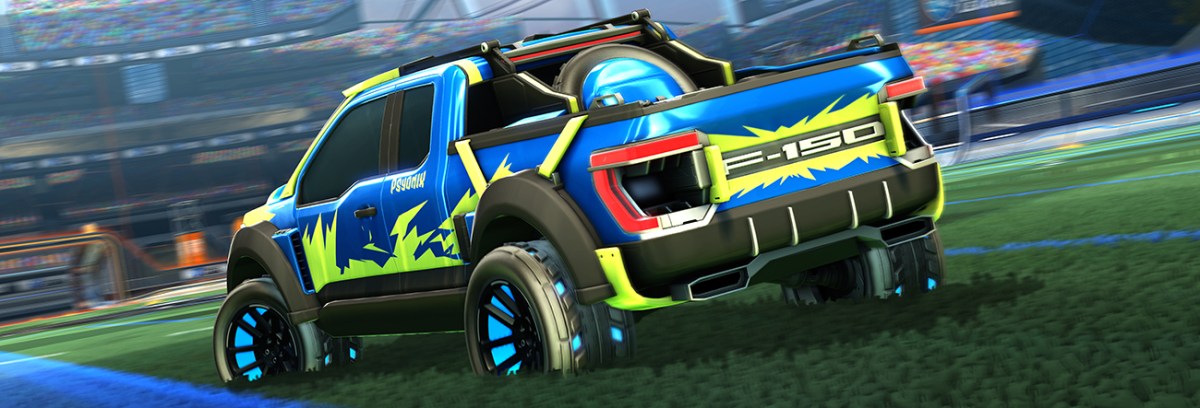 Ford F-150 Rocket League edition seen from the rear view in the hit game Rocket League.
