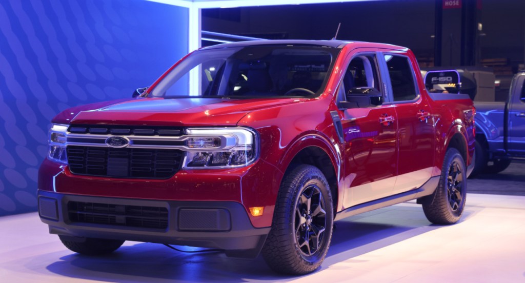 A new red Ford Maverick truck is introduced to the media at the Chicago Auto Show on July 14, 2021 in Chicago, Illinois.