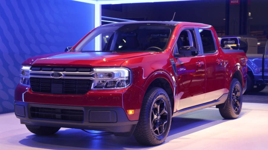 A new red Ford Maverick truck is introduced to the media at the Chicago Auto Show on July 14, 2021 in Chicago, Illinois.