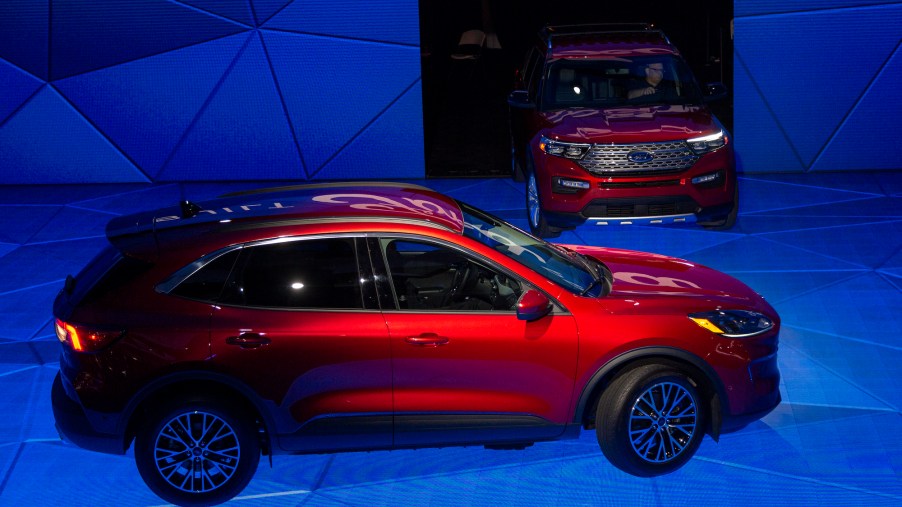 The Ford Mustang Mach-E electric SUV and Ford Explorer hybrid at AutoMobility LA in November 2019