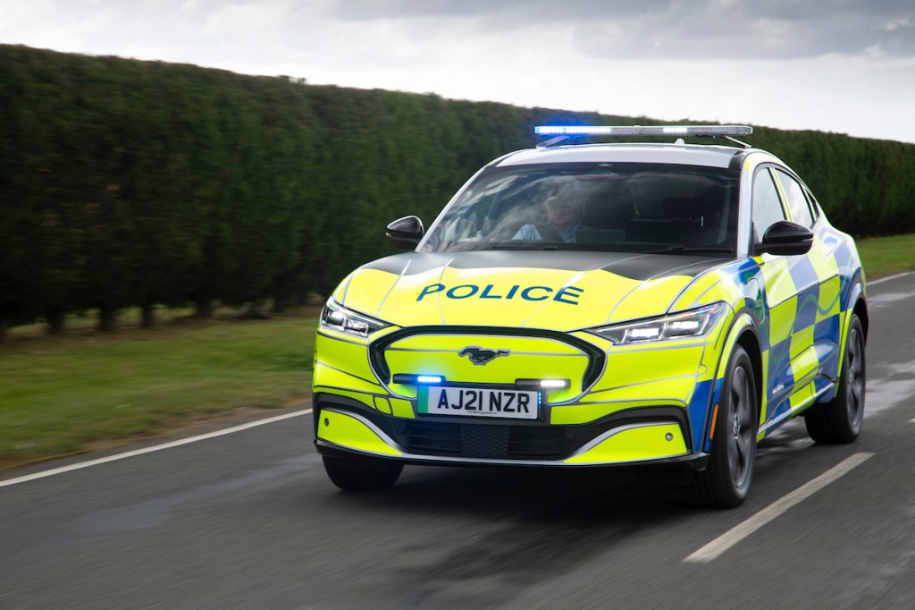 A Ford Mustang Mach-E police car at Safeguard SVP, Earls Colne, U.K., in August 2021