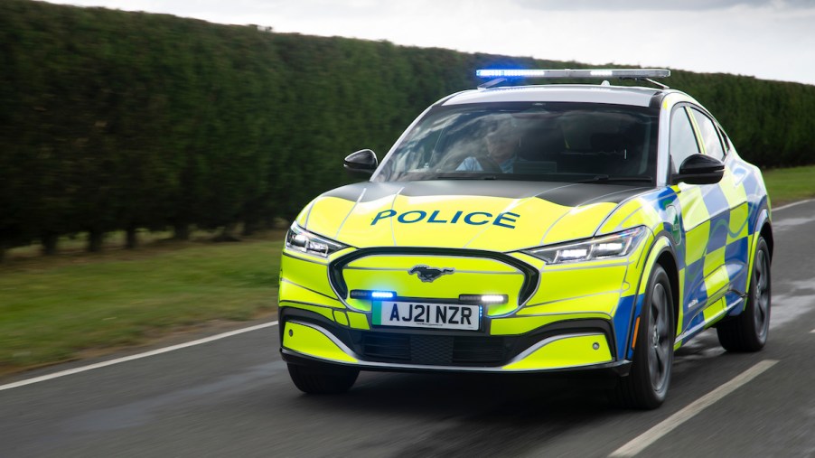 A Ford Mustang Mach-E police car at Safeguard SVP, Earls Colne, U.K., in August 2021