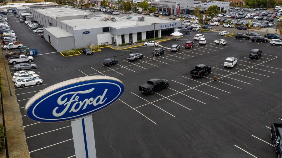 An empty Ford dealership shows that now is not the best time to buy a car. Buying a car right now will be tough.