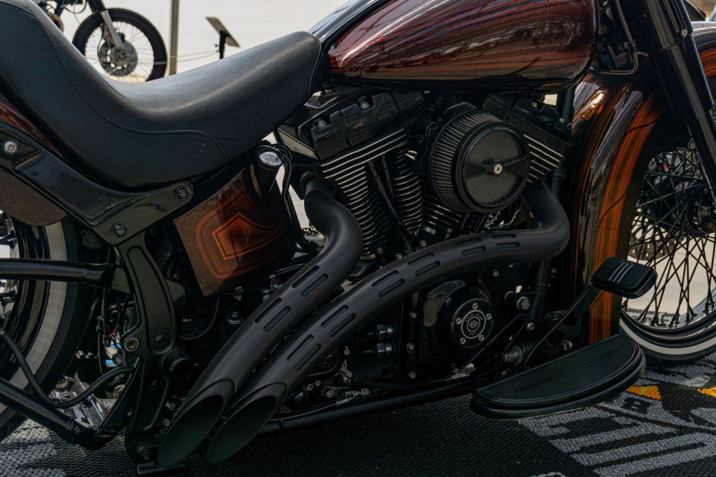 A closeup view of Fornarelli Motorsports' custom 2010 Harley-Davidson Fat Boy Lo's V-twin engine and exhaust