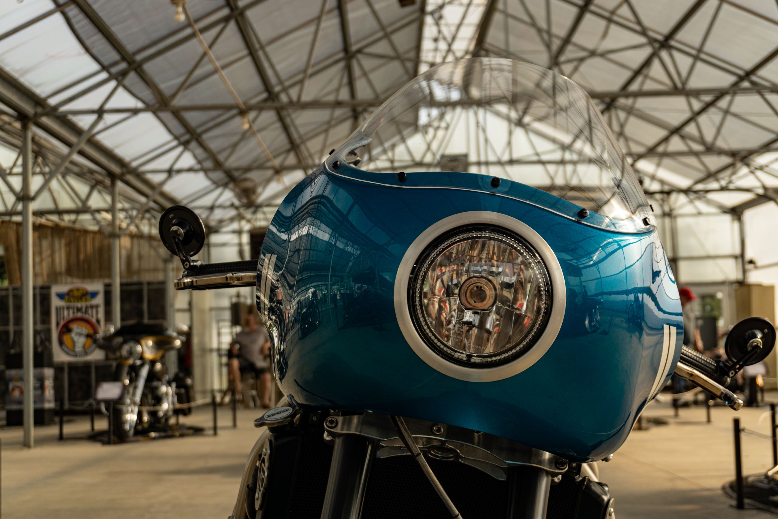 The front view of Robert Catanese's blue Framecrafters 2021 Yamaha YZF-R1 headlight and cowl
