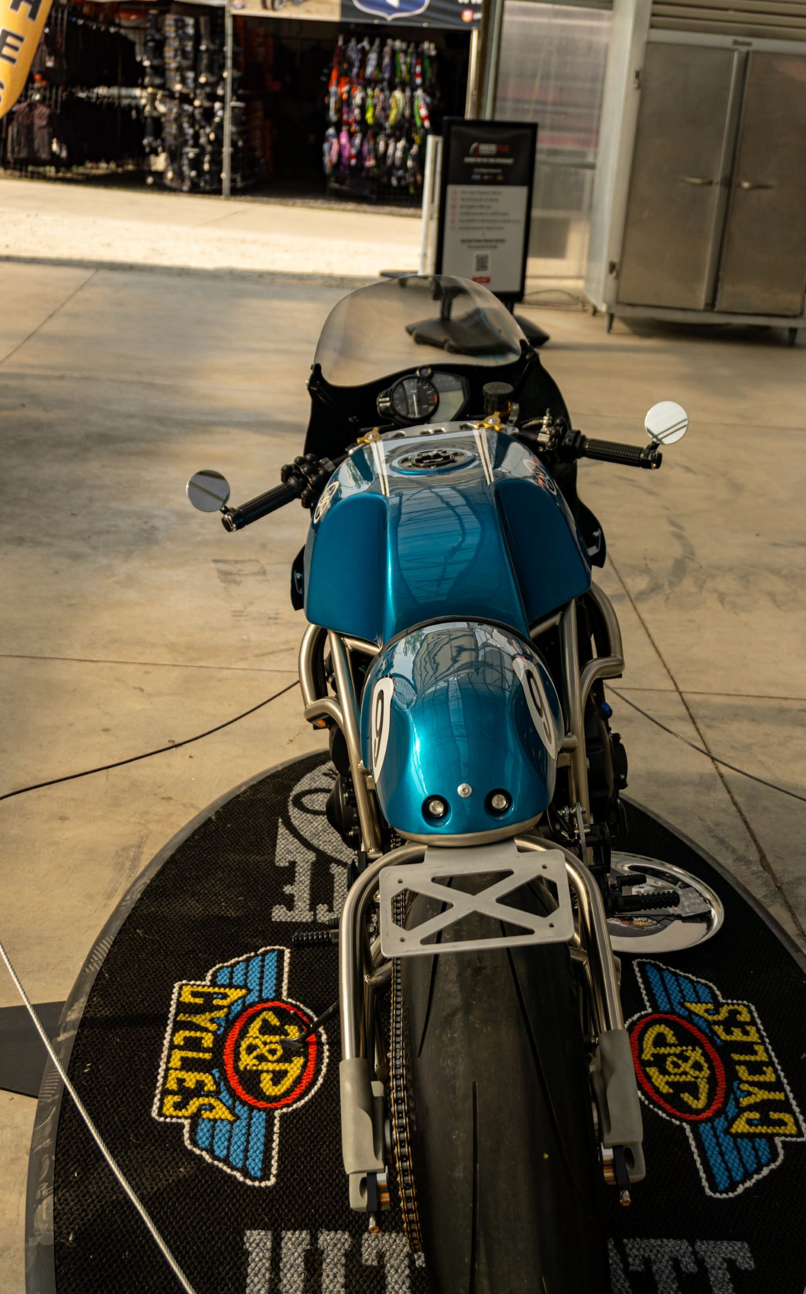 A rear overhead view of Robert Catanese's blue Framecrafters 2021 Yamaha YZF-R1 R1X