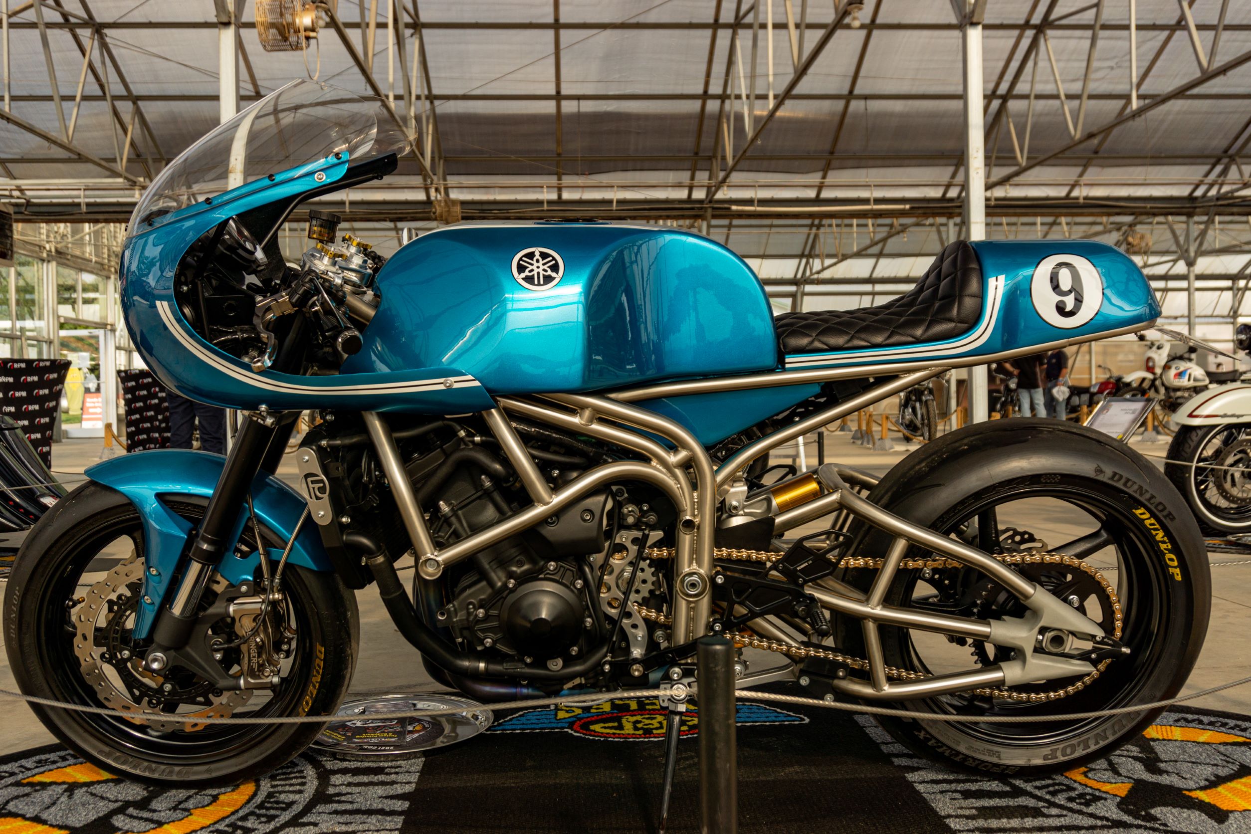 The left side view of Robert Catanese's blue Framecrafters 2021 Yamaha YZF-R1 R1X at IMS Outdoors Chicago 2021