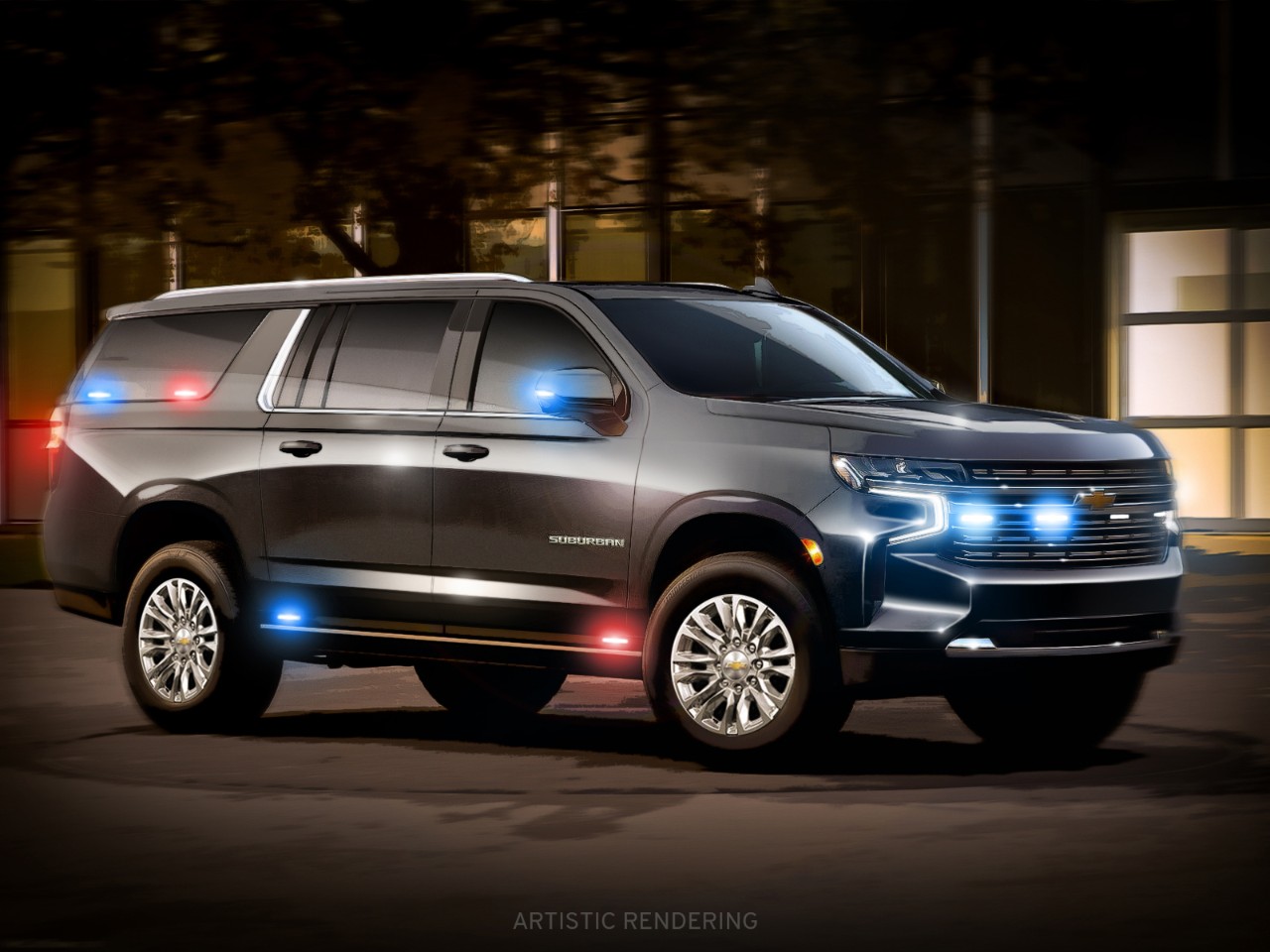 An artist rendering of a dark Chevy Suburban with red and blue lights.