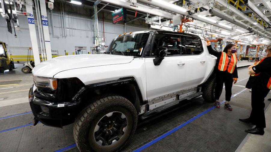 A GMC Hummer EV truck at General Motors Factory Zero in Detroit, Michigan