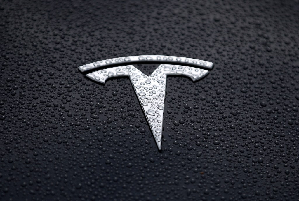 A silver Tesla logo on a black Tesla  in the rain in California