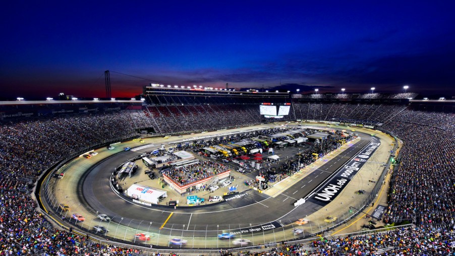 This is the Bristol Motor Speedway during the Bass Pro Shops Night Race NASCAR event
