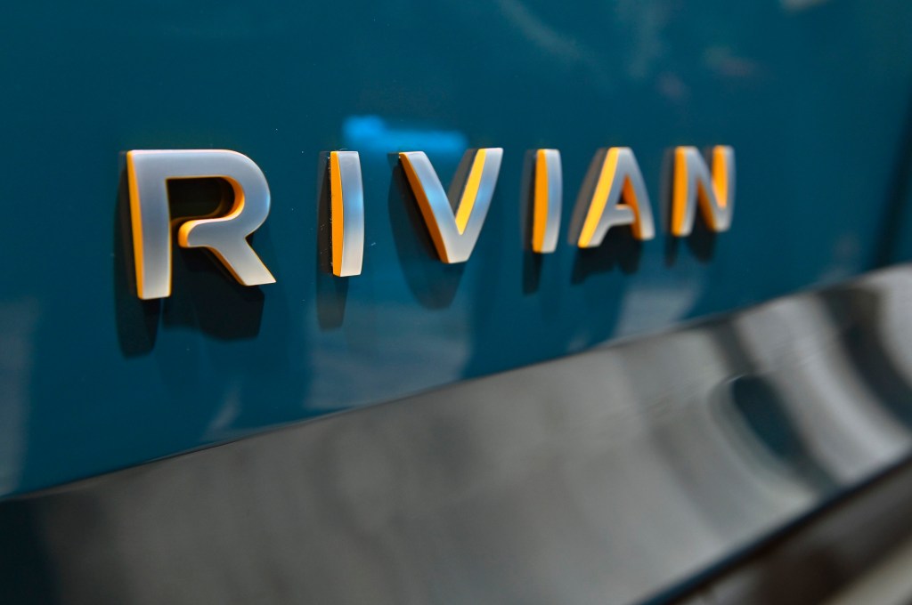 The Rivian logo displayed on the side of the 2022 R1T truck at CES Las Vegas