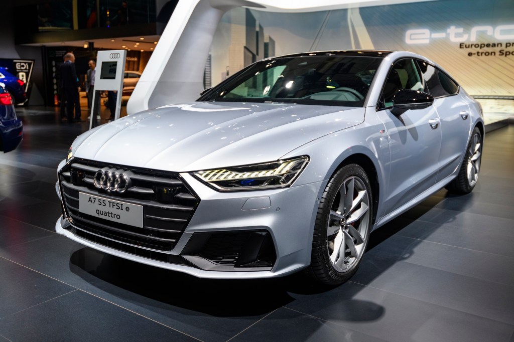A silver Audi A7 sedan shot from the high 3/4 angle