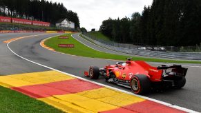 Ferrari Formula 1 driver Sebastian Vettel makes his way into the famous Eau Rouge/Raidillon complex at Spa Francorchamps in Belgium