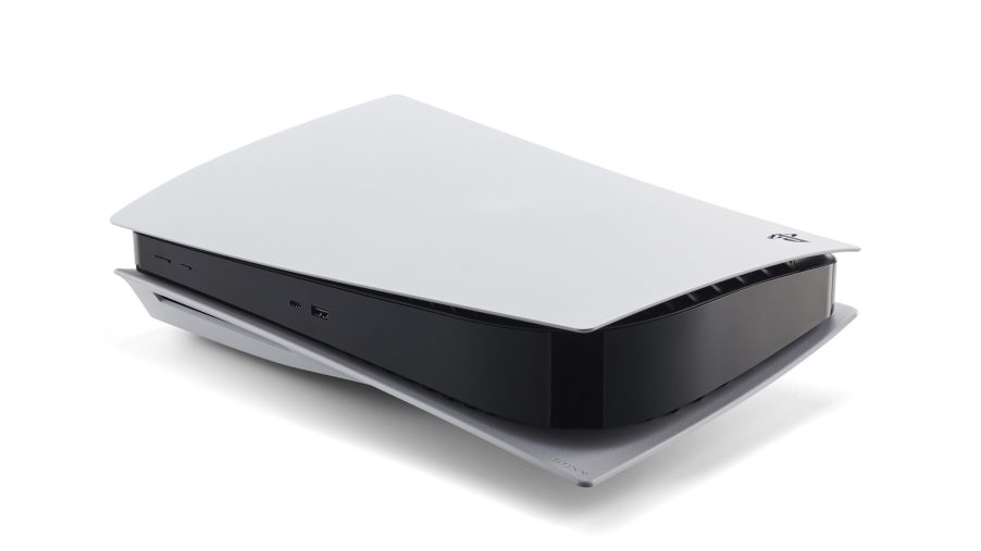 A white Sony Playstation 5 shot at a high 3/4 angle against a white background