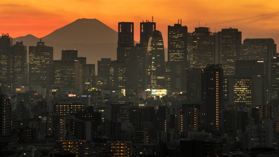 The Tokyo skyline at sunset, with Fuji in the background
