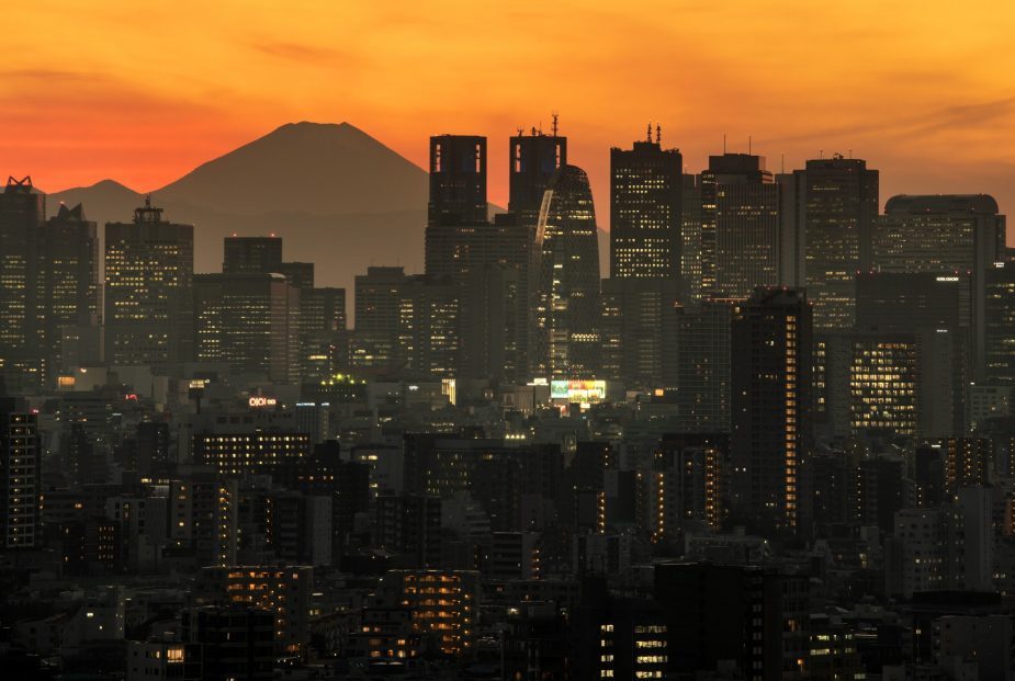 The Tokyo skyline at sunset, with Fuji in the background