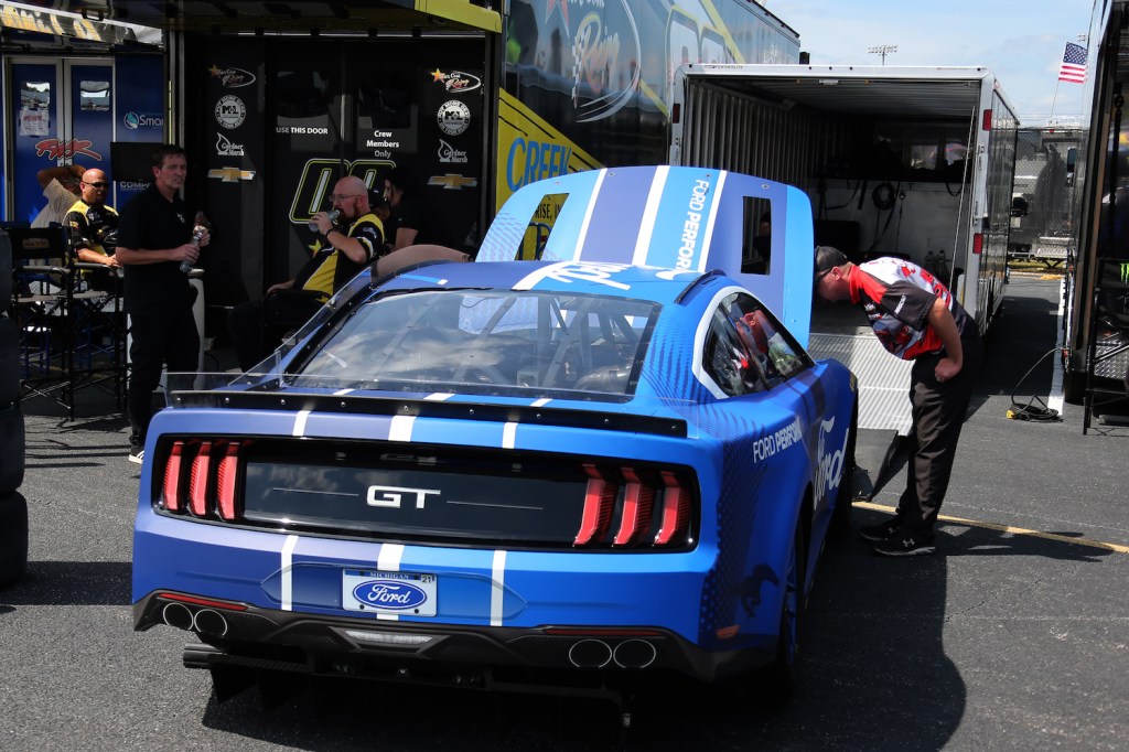 The 2022 NextGen Ford Mustang on display at the NASCAR Cup Series Cook Out Southern 500 in Darlington, South Carolina. The NASCAR Next Gen Engine will make 725 horsepower, hundreds more horsepower than current engines. | Jeff Robinson/Icon Sportswire via Getty Images