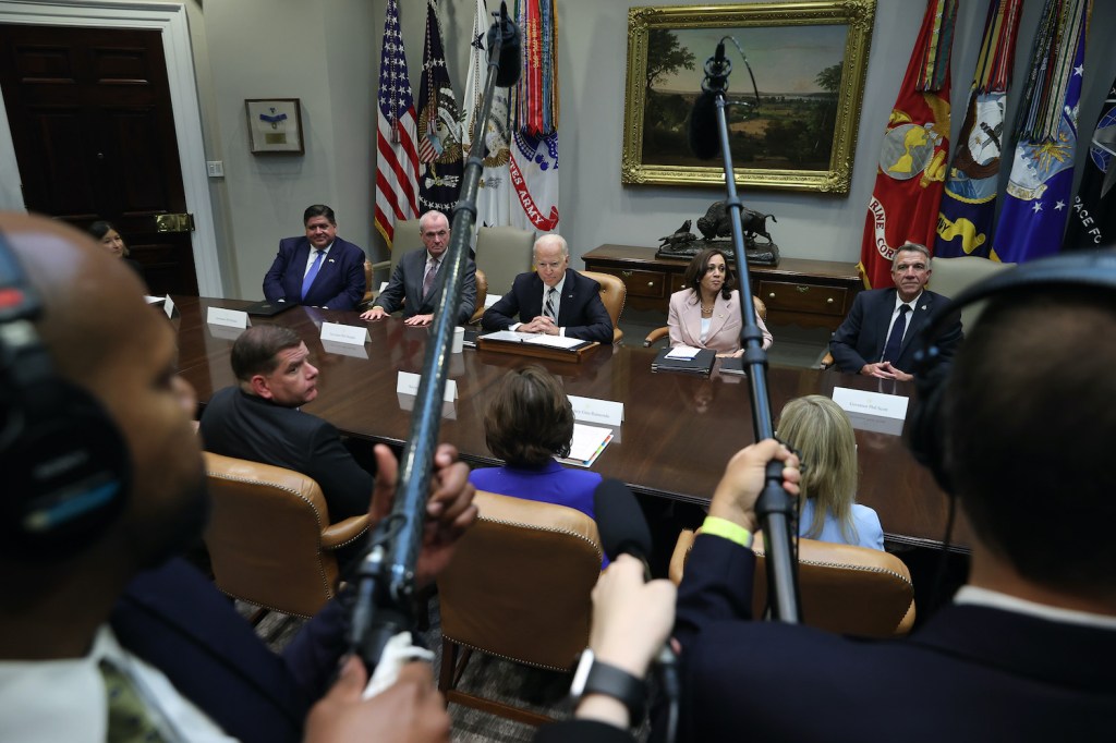 WASHINGTON, DC - JULY 14: U.S. President Joe Biden and Vice President Kamala Harris (R) meet with a bipartisan group of city and state political leaders, including New Jersey Governor Phil Murphy, Vermont Governor Phil Scott and Illinois Governor JB Pritzker, about his proposed infrastructure plan in the Roosevelt Room at the White House on July 14, 2021 in Washington, DC. Commerce Secretary Gina Raimondo and Labor Secretary Martin Walsh also attended the meeting. (Photo by Chip Somodevilla/Getty Images). Governor Phil Scott of Vermont is a race car driver and Vermont set a record for COVID vaccinations.
