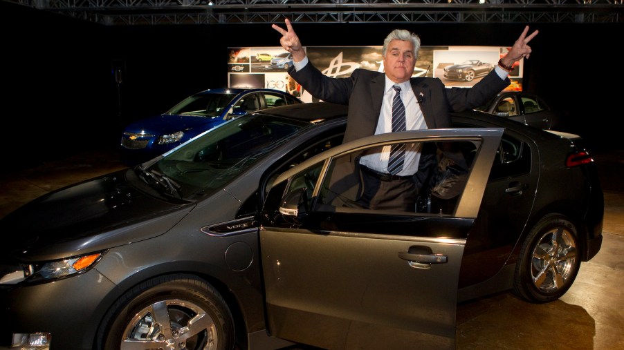 This is a GM press photo of Jay Leno and the Chevy Volt daily driver he put 11,000 miles on. Despite Chevy Bolt Fires Jay Leno Insists 'The Electric Car Is Here To Stay'
