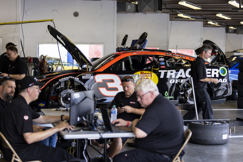 DAYTONA BEACH, FLORIDA - SEPTEMBER 07: The #3 NASCAR Next Gen car driven by Austin Dillon is seen in the garage as Team members work during the NASCAR Cup Series test at Daytona International Speedway on September 07, 2021 in Daytona Beach, Florida. (Photo by James Gilbert/Getty Images). Next Gen NASCAR car.