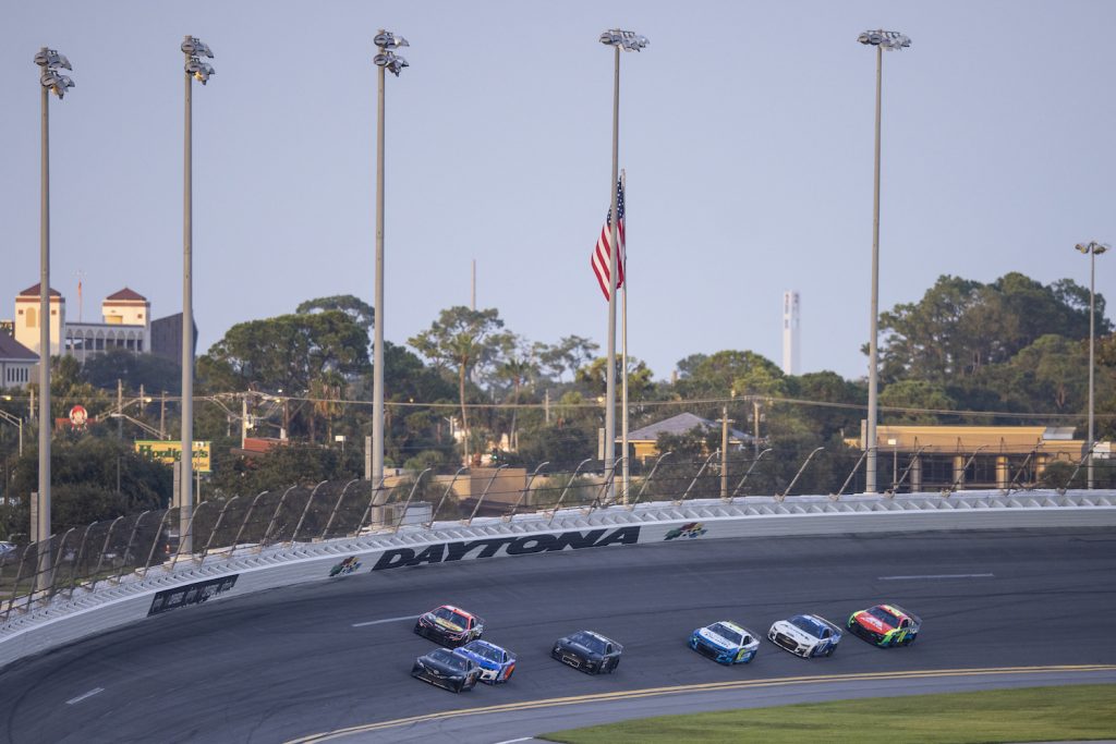 DAYTONA BEACH, FLORIDA - SEPTEMBER 07: Denny Hamlin, Driver of the #11 NASCAR Next Gen car, leads the field during the NASCAR Cup Series test at Daytona International Speedway on September 07, 2021 in Daytona Beach, Florida. (Photo by James Gilbert/Getty Images). Next Gen NASCAR cars are a preview of the 2022 season.