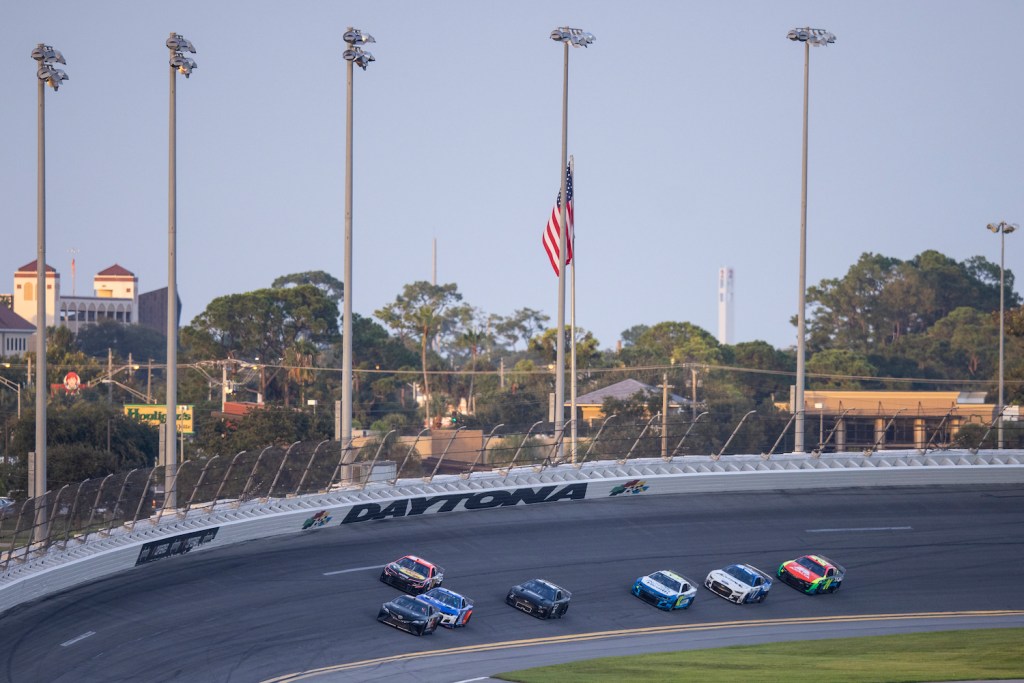 DAYTONA BEACH, FLORIDA - SEPTEMBER 07: Denny Hamlin, Driver of the #11 NASCAR Next Gen car, leads the field during the NASCAR Cup Series test at Daytona International Speedway on September 07, 2021 in Daytona Beach, Florida. (Photo by James Gilbert/Getty Images). Next Gen NASCAR cars are a preview of the 2022 season.