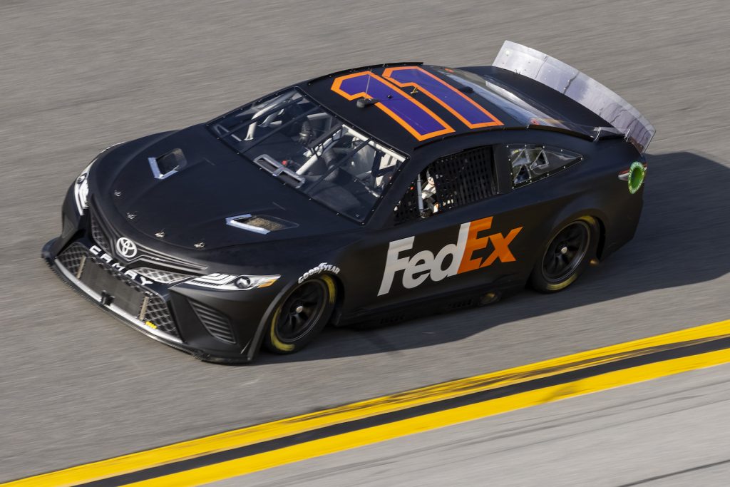 Denny Hamlin's #11 NASCAR Next Gen car during the NASCAR Cup Series test at Daytona International Speedway. The Next Gen rearview camera is highlighting a generational divide between Hamlin and younger drivers. | Photo by James Gilbert/Getty Images