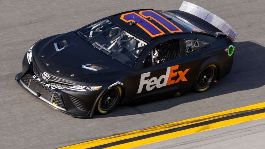 This is Denny Hamlin driving his #11 NASCAR Next Gen car during testing at Daytona. The NASCAR Next Gen rearview camera is highlighting a generational divide between Hamlin and younger drivers | James Gilbert/Getty Images