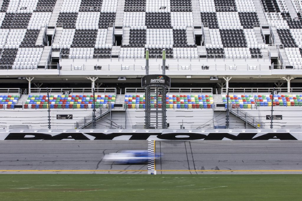 DAYTONA BEACH, FLORIDA - SEPTEMBER 07: Chris Buescher, Driver of the #17 NASCAR Next Gen car, drives during the NASCAR Cup Series test at Daytona International Speedway on September 07, 2021 in Daytona Beach, Florida. (Photo by James Gilbert/Getty Images) Next Gen NASCAR car.