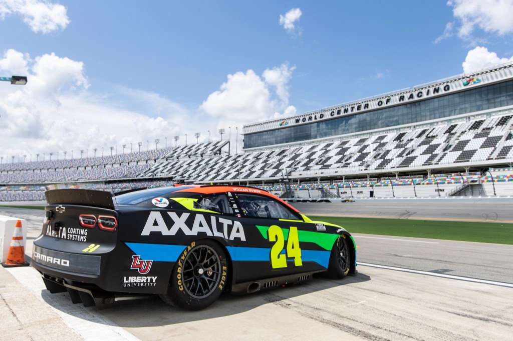 William Byron's #24 NASCAR Next Gen car, drives onto the track during the NASCAR Cup Series test at Daytona International Speedway on September 07, 2021 in Daytona Beach, Florida. The Nascar Next Gen rearview camera is highlighting a generational divide between Byron and older drivers. | Photo by James Gilbert/Getty Images 
