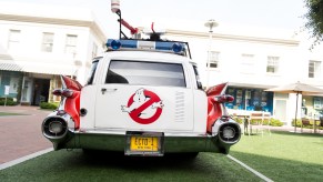 The original Ectomobile at Sony Pictures Studios. The Ghostbusters car, known as the ectomobile or ecto 1, is based on a 1959 Cadillac ambulance, a hearse in the movie. The original film car survives to this day and will appear in Ghostbusters: Afterlife. | Emma McIntyre/Getty Images