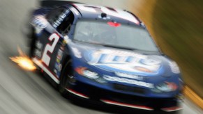 Rusty Wallace drives his #2 Miller Lite Dodge. In 2004 Rusty Wallace would take an unofficial Talladega practice lap, without a restrictor plate, and reach higher speeds than Bill Elliott's top-speed NASCAR record. | Jonathan Ferrey/Getty Images