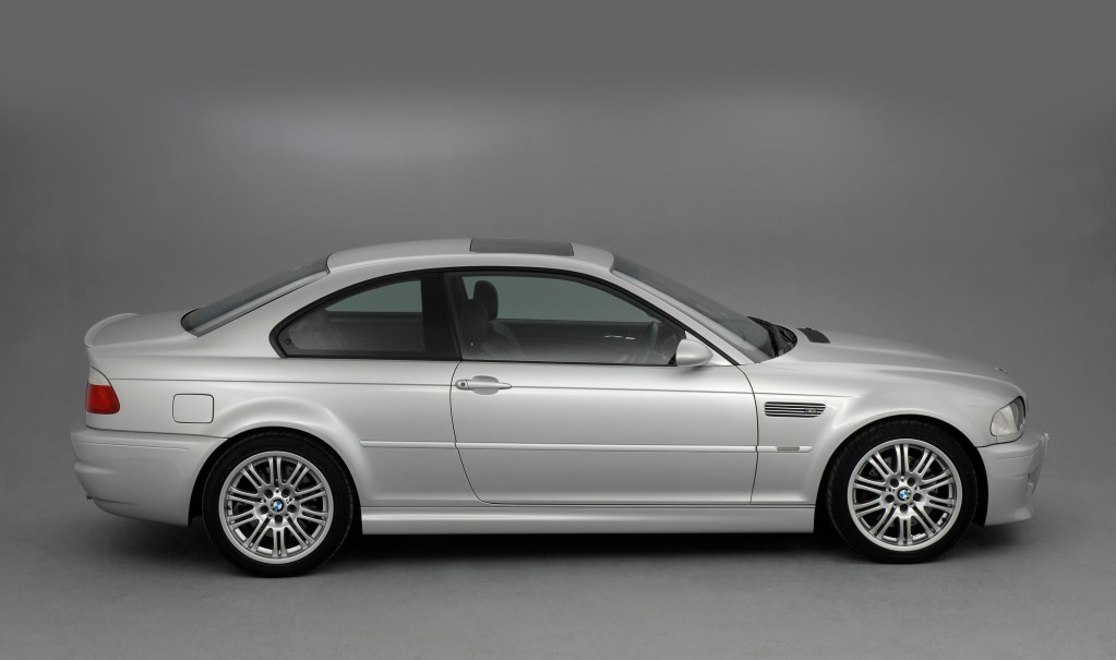A side profile of a silver 2002 BMW M3