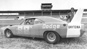 Buddy Baker and his 200 mph #8 Chrysler Engineering Dodge Daytona. He set the overall speed record at Talladega Superspeedway, NASCAR's fastest track. | Photo by ISC Archives/CQ-Roll Call Group via Getty Images