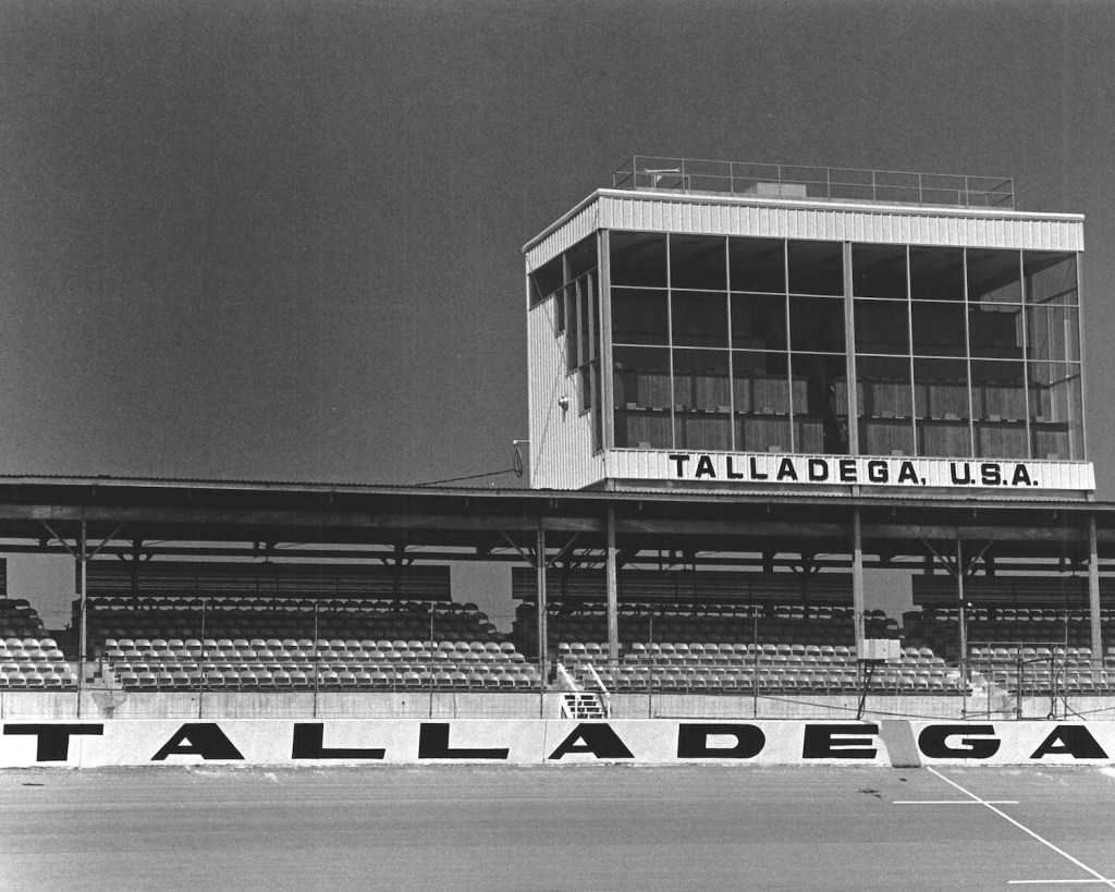 This press box at Alabama International Motor Speedway (now Talladega Superspeedway) which is NASCAR's fastest track. Multiple NASCAR records, including the overall speed record, have been set at Talladega. | ISC Archives/CQ-Roll Call Group via Getty Images