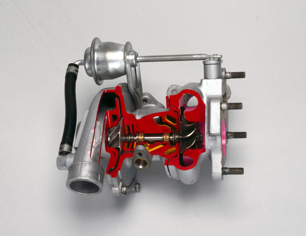 A cutaway model of a turbocharger