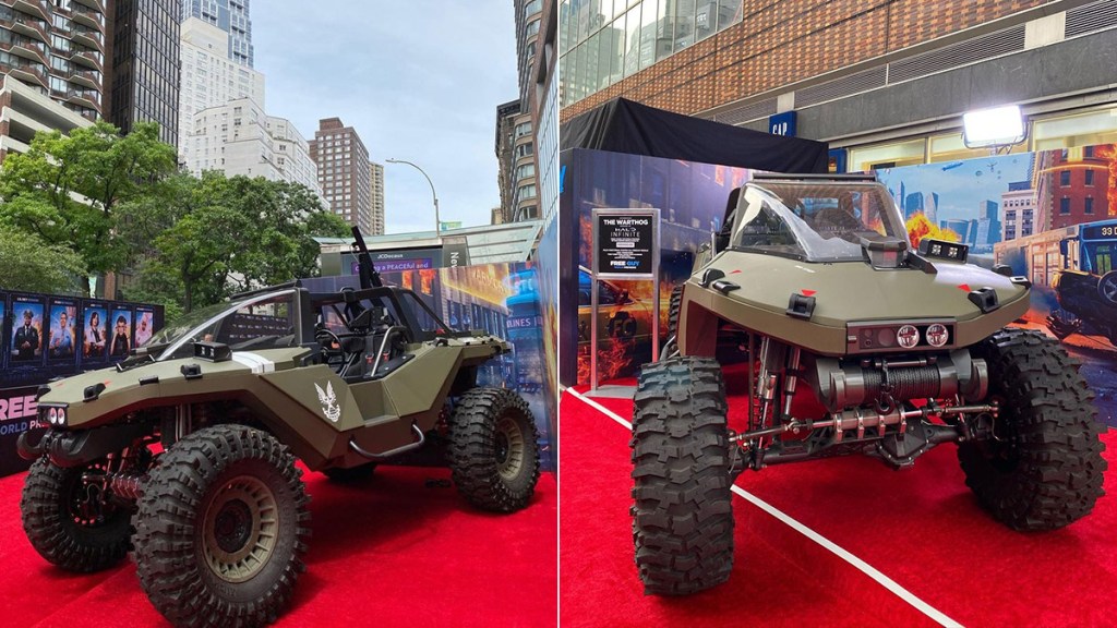 A Warthog from Halo custom built by Hoonigan displayed at the red carpet event for the movie Free Guy