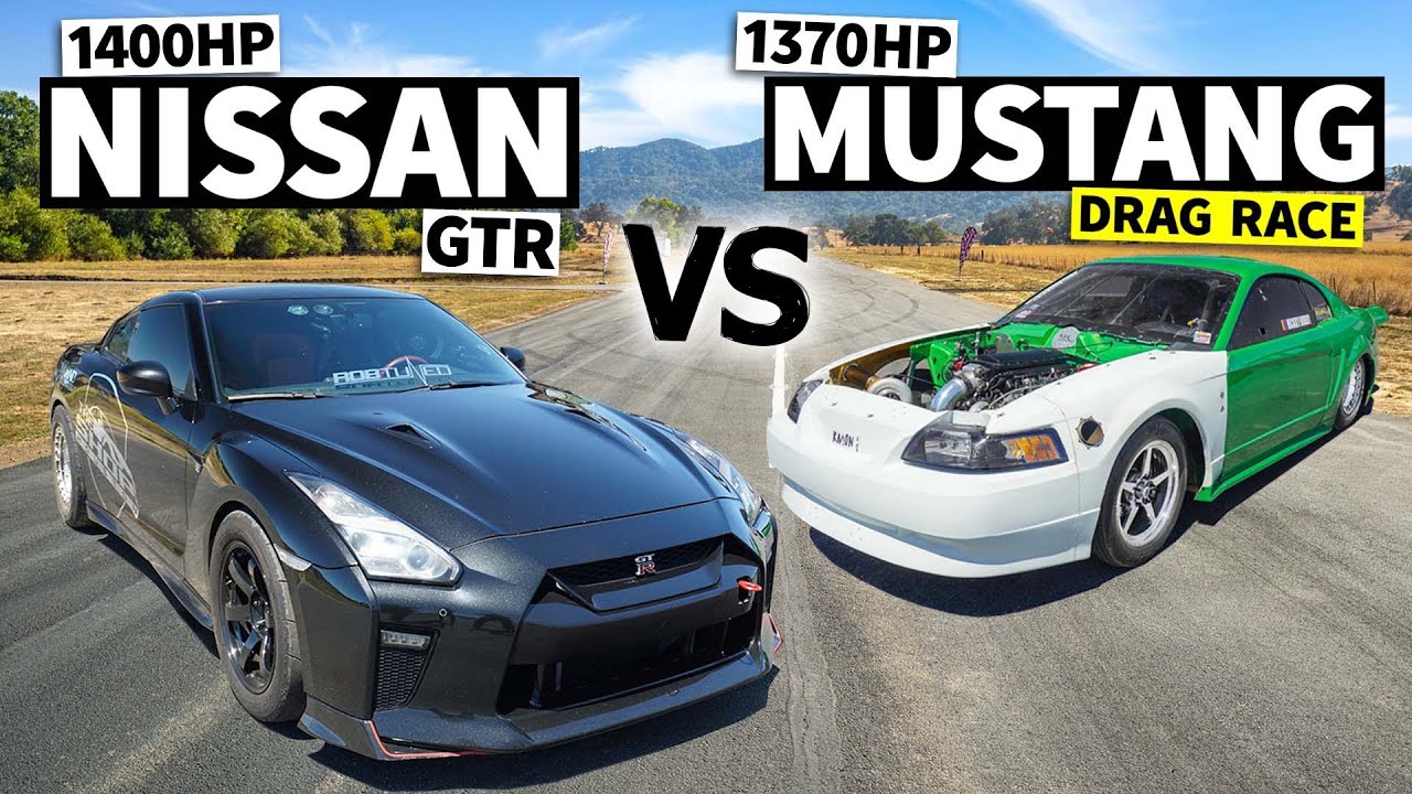 Black 2017 Nissan GT-R (left) next to a white and green 2000 Ford Mustang (right)