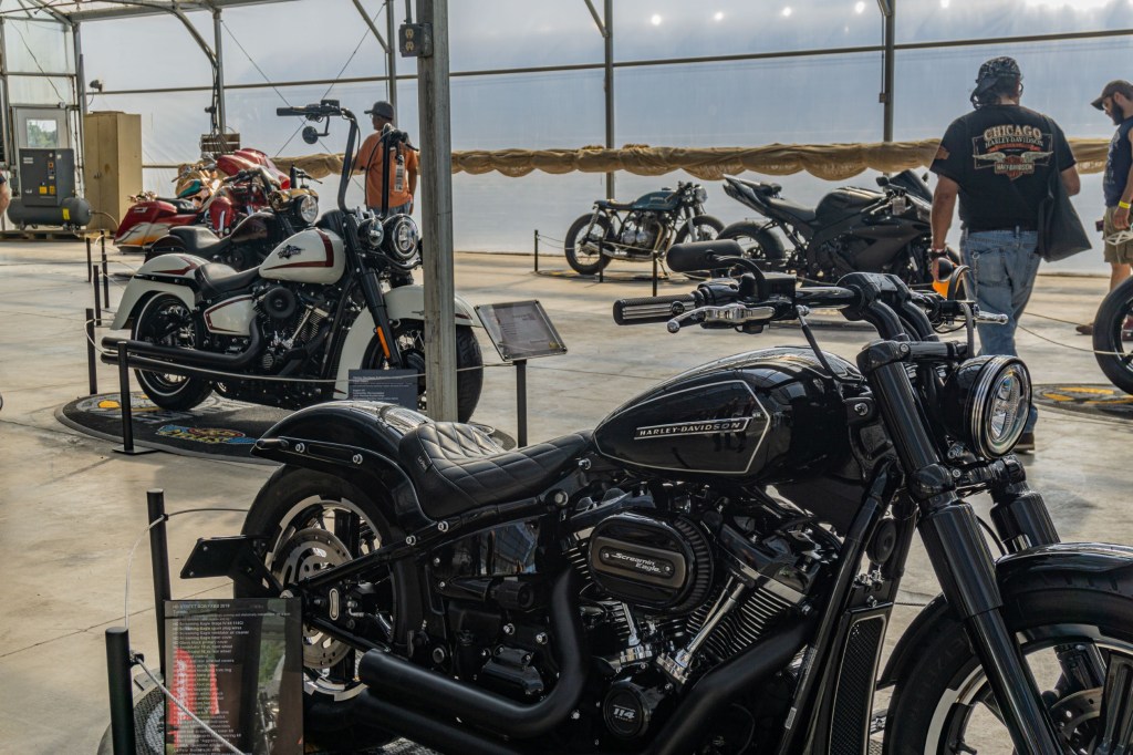 IMS Chicago custom bikes with Yaroslav Lutsenko's custom black 2019 Harley-Davidson FXBB in front