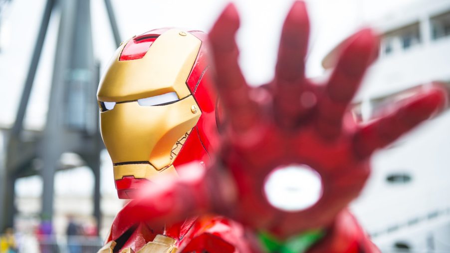 upclose photo of someone dressed up as Iron Man.