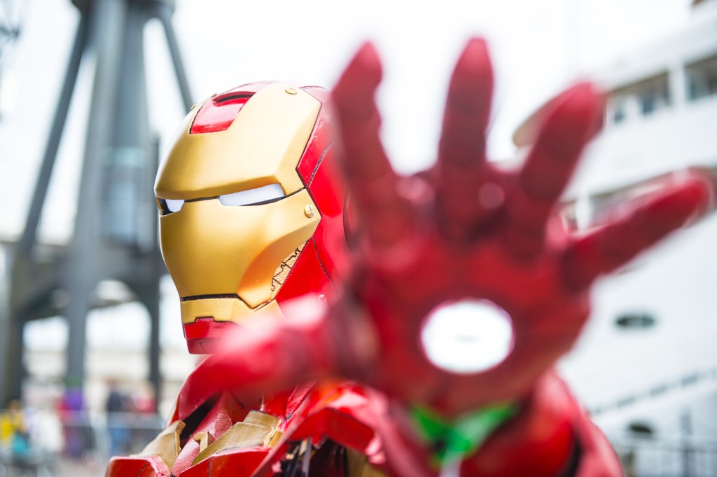 upclose photo of someone dressed up as Iron Man.