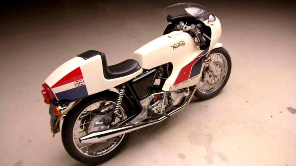 The overhead rear 3/4 view of Jay Leno's white-red-and-blue 1974 Norton Commando John Player Special